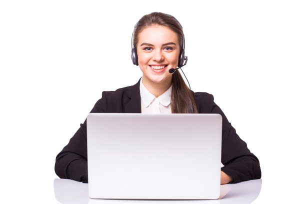 young woman working office with laptop headphones white wall customer service call center removebg preview