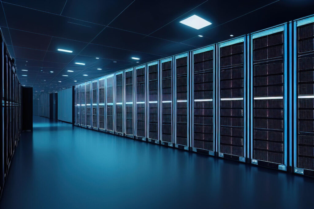 server racks computer network security server room data center d render dark blue generative ai